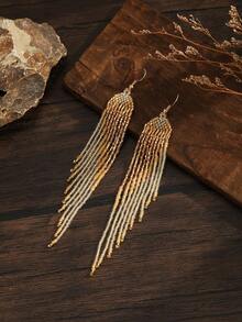 SOUL BEADING Bohemian Beaded Earrings, Vintage Style With Gold And Black Color, Asymmetrical Geometric Tassel Pendant, Elegant And Fashionable Accessory Suitable For Women's Daily Wear And Gift - Hand-beaded Tassel Earrings - View 4