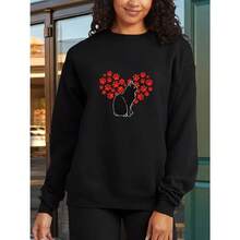 Women'S Black Cat Paw Heart Graphic Sweatshirt - Soft Breathable Pullover Sweater, Loose Fit Long Sleeve Hoodless Top For Everyday & Valentine'S Day Outfits - All-Season Cozy Women'S Clothing, Cat Sweatshirt, Seasonal Fashion, Playful Design, Comfortable Material, Stylish Catwear, Fashion Lovers, Casual Wear,  Catwear, Durable Material, Pullover Sweater, Fashionforward Women