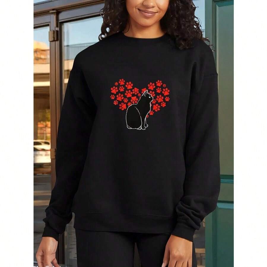 Women'S Black Cat Paw Heart Graphic Sweatshirt - Soft Breathable Pullover Sweater, Loose Fit Long Sleeve Hoodless Top For Everyday & Valentine'S Day Outfits - All-Season Cozy Women'S Clothing, Cat Sweatshirt, Seasonal Fashion, Playful Design, Comfortable Material, Stylish Catwear, Fashion Lovers, Casual Wear,  Catwear, Durable Material, Pullover Sweater, Fashionforward Women