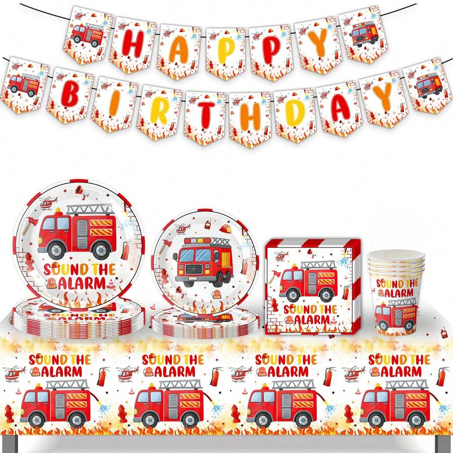 50Pcs Fire Truck Birthday Party Tableware Set With Happy Birthday Banner - Disposable 7/9" Plates & 9oz Cups For Kids'Party Decor - Multicolor - View 1
