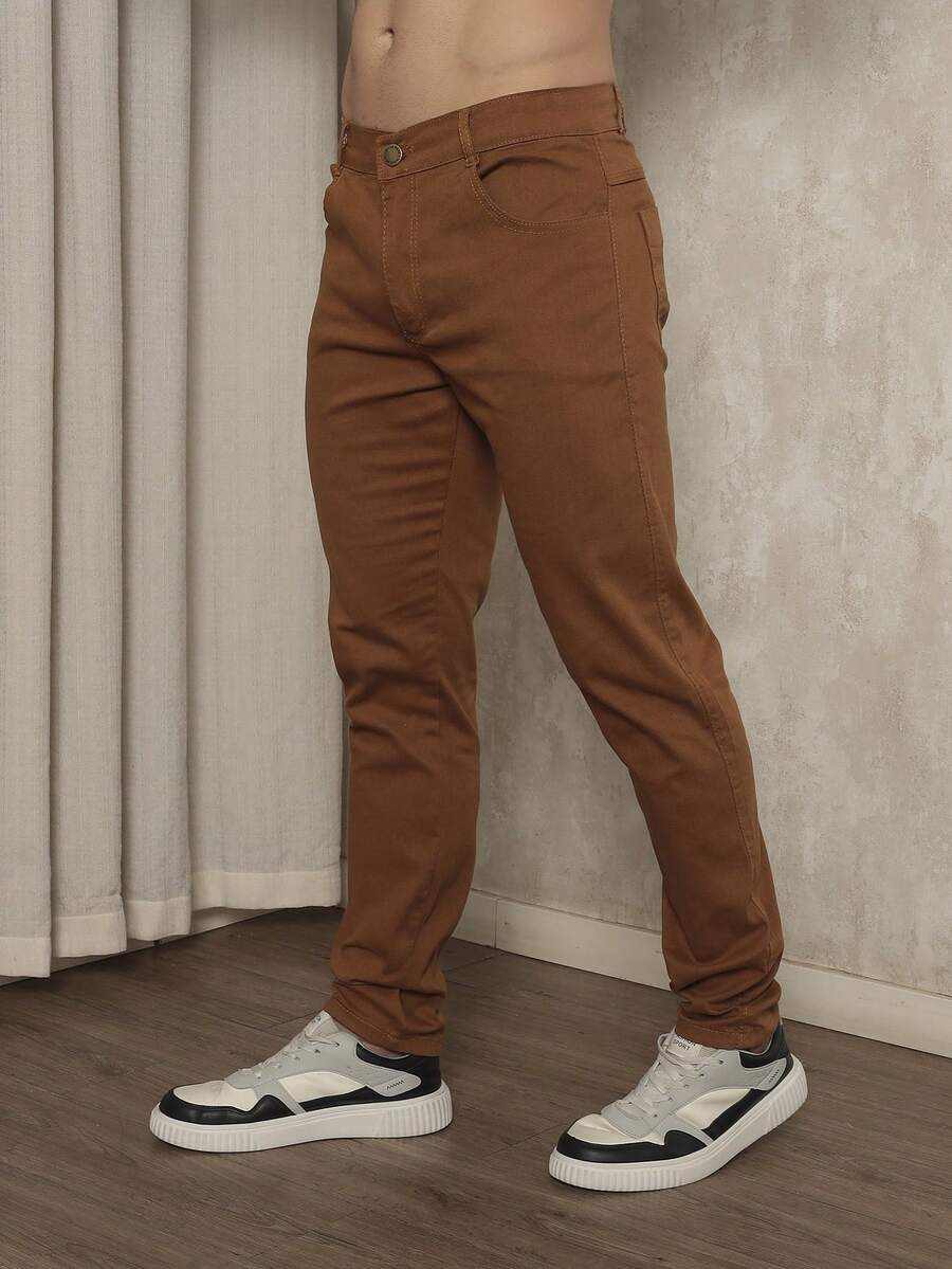 Men's Slim Fit Lycra Dress Pants With Built-In Pocket - Brown - View 1