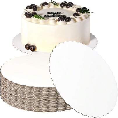 8pcs White Ruched Cake Boards 6/8/10/12" - Non-Slip Sturdy Base, Suitable For Stacking Cakes, Pizza Nights And Dessert Displays | Paperboard, Non-Warping | Oven To Table Party Essential (Wedding/Birthday/Event), Cake Decorating Supplies