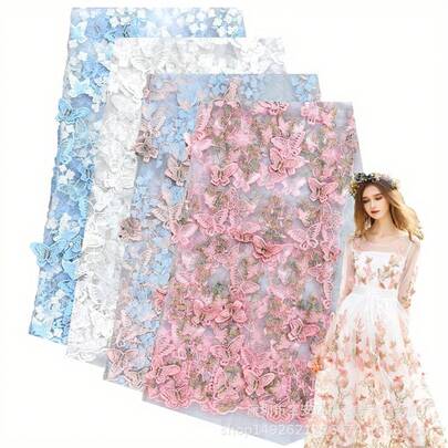 Gorsmoon 3D Butterfly Lace Fabric Dress Evening Dress Mesh Three-Dimensional Embroidery Fabric Lace, Lace Fabric Three-Dimensional Embroidery Clothing Skirt Dress Material New--90*150cm
