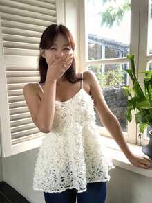 女士春季新品简约宽松优雅小众3D花卉无袖甜美吊带背心，夏季服装 - 杏色 - 查看 6