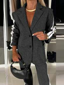 Bộ đồ nữ cỡ lớn gồm áo blazer dài tay cổ ve áo kẻ sọc và quần dài, kiểu dáng thường ngày, thích hợp cho mùa thu và mùa xuân. - Màu xám đen - Xem 6