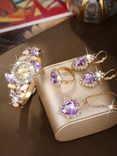 5 件女士时尚闪亮石英手表配心形水晶项链耳环戒指套装，姐妹配套礼物，适合节日、母亲节、日常装饰