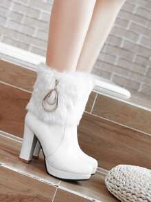 Women's Ankle Boots Platform Boots Side Zip Chunky Heel Booties With Fur Round Toe Leather Winter Boots For Women - 白色 - 查看 6