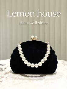 1 件复古优雅新中式天鹅绒贝壳形晚宴包，配珍珠手链，适合宴会、婚礼、派对等正式场合，是送给女性的绝佳礼物 - 黑色 - 查看 1