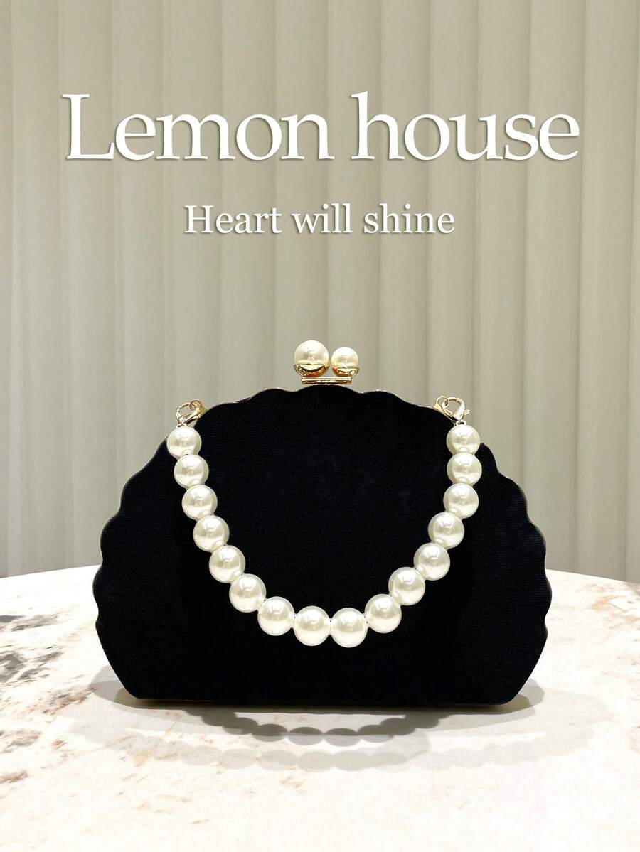 1 件复古优雅新中式天鹅绒贝壳形晚宴包，配珍珠手链，适合宴会、婚礼、派对等正式场合，是送给女性的绝佳礼物 - 黑色 - 查看 1