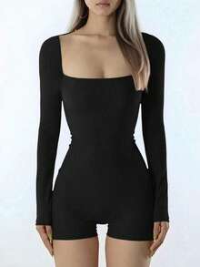 Lässiger, vielseitiger Bodysuit mit quadratischem Ausschnitt und figurbetontem Design, neuer Herbststil, Herbstkleidung für Frauen, Jumpsuit für Frauen, Unitard