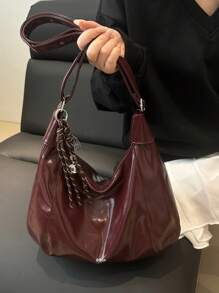 时尚勃艮第女士手提包，新款时尚单肩包，今年流行 - 酒紅色 - 查看 3