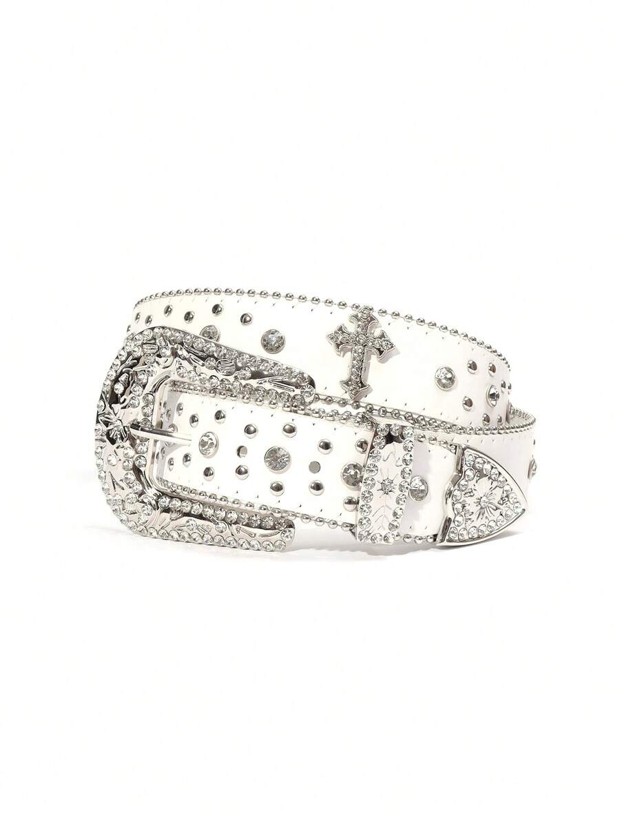 Unisex Rhinestone Decorated Western Cowboy Cross Design Diamond Belt