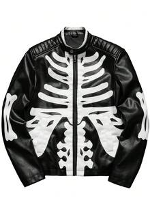 Men's Faux Leather Skull Print Jacket, Zipper Closure Stand Collar Motorcycle Bomber Jacket, Men's Black & White Contrast PU Leather Coat - Black - View 15