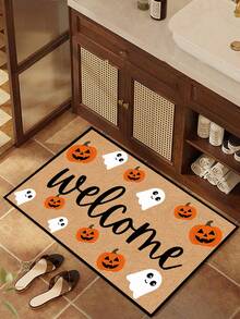 1 pieza, Felpudo de bienvenida con patrón divertido de fantasma y calabaza de Halloween de otoño, estilo festivo, lavable a máquina, de fibra de poliéster, apto para interiores, exteriores, decoración diaria, todas las estaciones - Amarillo - Ver 12