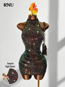 RNU 彩色亮片露背弹力性感紧身连衣裙，适合约会、嘉年华、派对、夜店、街头、情人节、新年、生日，春夏秋冬皆宜。 - 彩色 - 查看 3