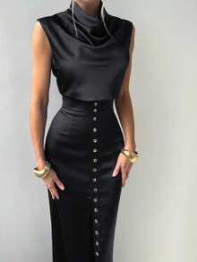 女士优雅缎面衬衫和中长裙套装，适合夏季日常穿着和工作场合，黑色 - 黑色 - 查看 6