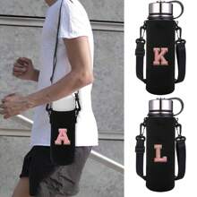 1 件水瓶袋适用于 550ml 750ml 1000ml 1500ml 杯子刺绣字母印花防烫，氯丁橡胶瓶保护架带可调节肩带，适合徒步旅行露营运动水瓶套保温袋斜挎包 - 黑色 - 查看 8