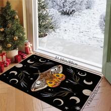 1Pc Butterfly And Moon Print Pattern Mysterious Black Doormat, Plants Pattern Rectangle Quick-Drying Absorbent Polyester Carpet, Suitable For Indoor Outdoor Floor Home Bedroom Bathroom Kitchen And Dining Room Decoration, For Birthday Party Gifts Festival Holiday Courtyard Decor