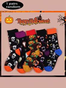 1/5 Pares Meias Médias Sortidas Aleatoriamente - Novas Meias Médias de Halloween com Abóbora para Homens e Mulheres, Casais, Estilo Europeu