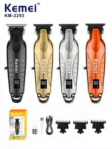 Kemei 1个KM-2293男士专业电动理发器，无线USB充电式理发/胡须修剪器，合金机身高品质理发器，不锈钢刀片，带液晶显示屏，礼品电子产品 - 黑色 - 查看 3