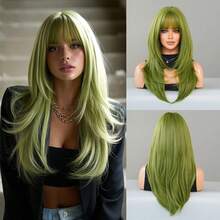 7JHH WIGS 24-Inch Long Layered Green Wig With Bangs, Made Of Soft Heat-Resistant Synthetic Fiber, Suitable For St. Patrick's Day Parties, Cosplay, Halloween, Music Festivals And Other Occasions - Grass Green - View 12