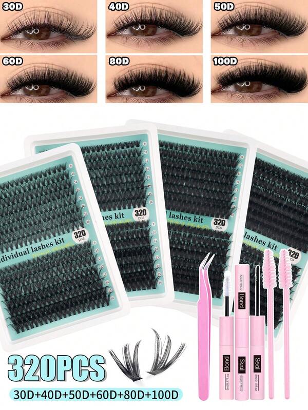 320 piezas Kit de racimos de pestañas individuales de efecto rizado D de 30D40D50D60D80D100D, de 9-16 mm, de aspecto natural y suave, cómodo, de larga duración, con pinzas y cepillo para uso personal en casa, diario, boda, citas, fiestas, festivales de música, decoración de Halloween, regalos de Navidad y artículos esenciales para vacaciones