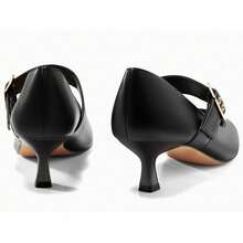 Womens Mary Jane Kitten Heels Pointed Toe Dress Pumps Buckle Work Office Shoes - màu đen - Xem 5