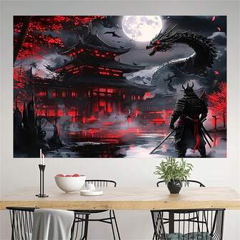 1pc Samurai And Dragon Japanese-Style Wall Tapestry, Polyester Fabric, Medieval Fantasy Scenery With Red And Black Moonlit Night, Home Decor Wall Hanging