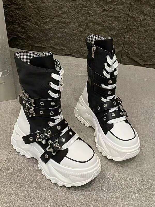 Tênis feminino xadrez punk fada rua gótico fofo TPU com cadarço fivela de metal ilhós estrela princesa rua escola festa ao ar livre primavera outono inverno plataforma antiderrapante calçado esportivo casual