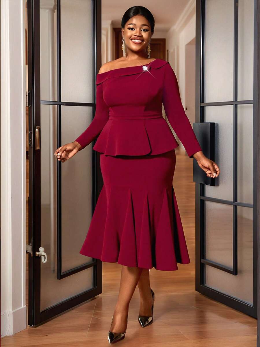 2 pièces Ensemble grande taille Top à col asymétrique manches longues Jupe sirène taille haute Costumes - Rouge foncé - Voir 1