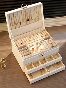 1pc Large Multi-Tier Jewelry Box With Lock, Double Drawer Jewelry Organizer, Multi-Functional Storage Box For Necklace, Rings, Earrings, Watches