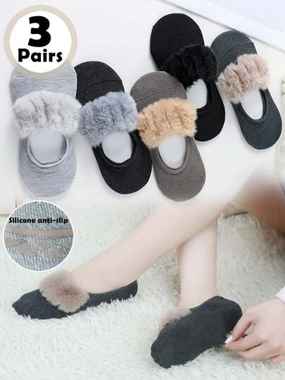 3/1 双女士毛绒船袜，高弹舒适，硅胶防滑，吸湿排汗，适合室内休闲、健身、瑜伽、普拉提等室内运动