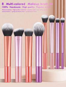 8pcs Aluminum Makeup Brush Set For Beginners - Powder Brush, Blush Brush, Contour Brush, Nose Brush, Eye Shadow Brush, Detail Brush, Shading Brush + 3pcs Beauty Sponge Blenders