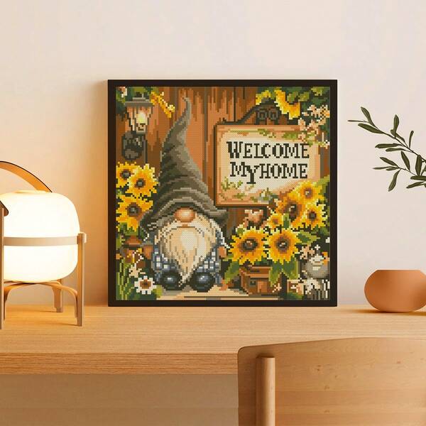 1 Set Printed Cross Stitch Kit, New Autumn Design "Welcome Home Garden Gnome", 11CT Middle Grid 3-Strand Embroidery Floss For Beginner, Suitable For Foyer, Living Room, Bedroom Decor