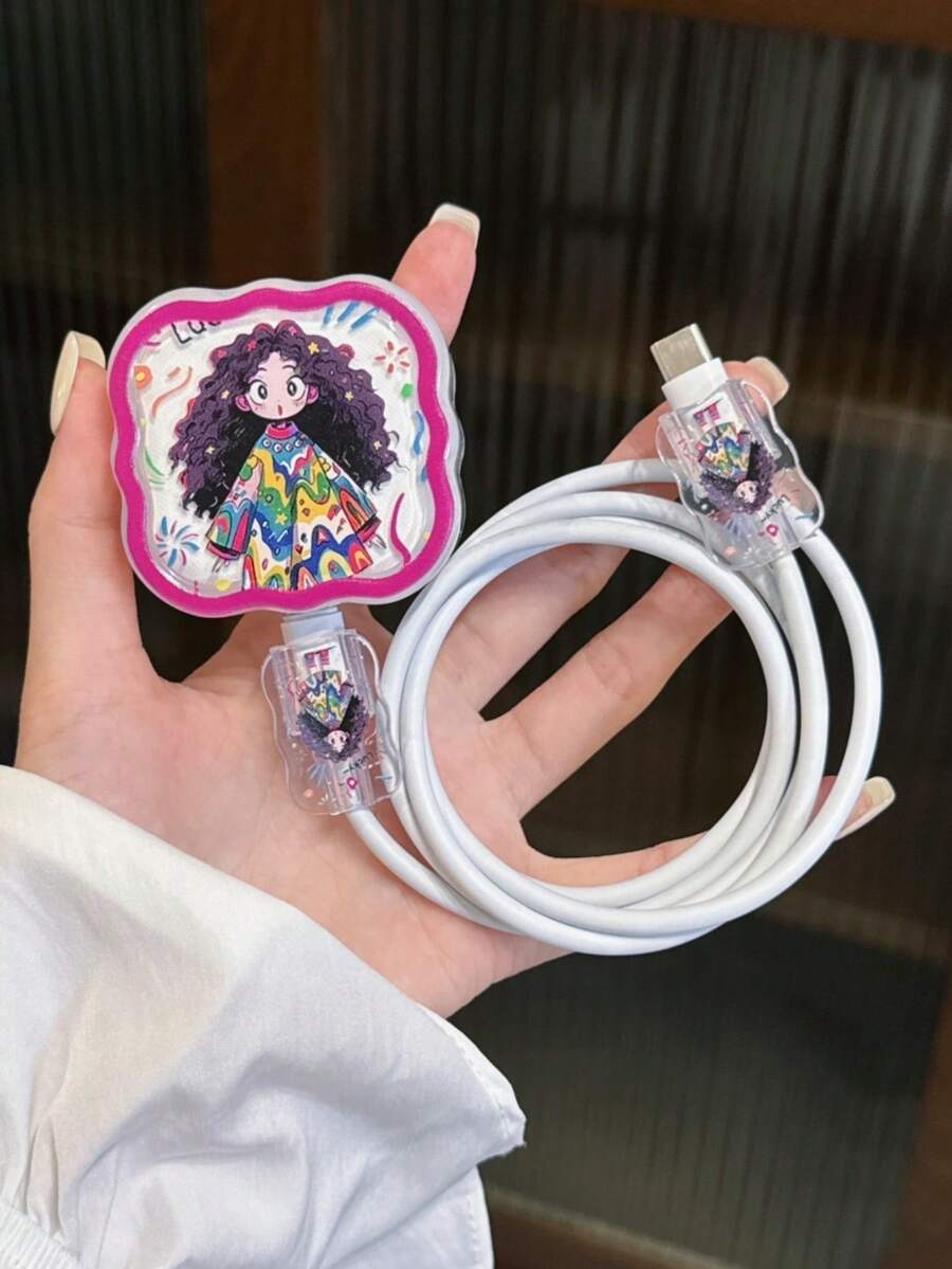 3pcs Set Wave Pattern Protective Case With Girl Graphic, Suitable For 20W UK Apple Fast Charger, Charger Protector Charger Case Phone Accessories