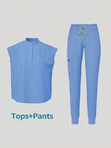 Scrub Suit Set For Women Tapered Leg Jogger Pants With Drawstring  Nursing Uniforms Set - Màu xanh lam - Xem 4