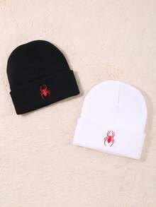 2 件 Y2K 蜘蛛刺绣帽子弹性可折叠女士男士针织帽保暖图案无檐帽，适合万圣节 - 彩色 - 查看 2