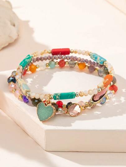 3 件心形吊坠水晶串珠手链情人节、妈妈、母亲、母亲节、礼物