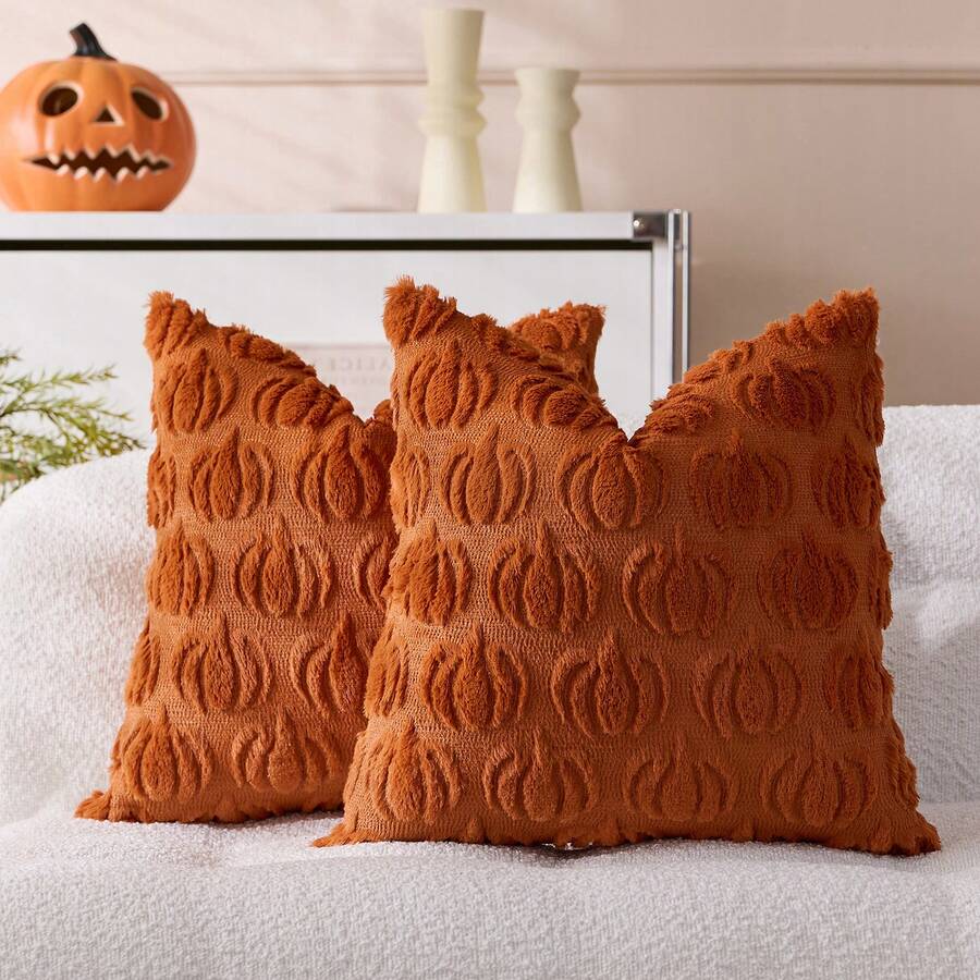 1pc Halloween Pumpkin Decorative Throw Pillow Cover, Front Embroidered Pumpkin, Reverse Plush Fabric, Square Cushion Cover, Holiday Home Pillow Decor, Soft Velvet Fabric, Modern Decor For Sofa, Home & Bedroom - Orange - View 1