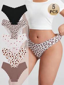 Paquete de 5 bragas de bikini sin costuras para mujer - Cintura baja suave y cómoda, estampados multicolor (leopardo, corazón, etc.), dobladillo con volantes, tela transpirable y amigable con la piel