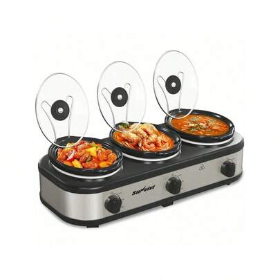  Sunvivi Triple Slow Cooker, Buffet Server And Food Warmer, Small Mini Pot With 3 Adjustable Temp & 3 Visible Glass Lids, For Parties, Holidays And Entertaining, Stainless Steel, Total 4.5 QT