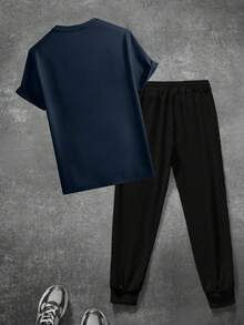 男士创意希望之树图案宽松短袖 T 恤和抽绳裤套装，适合街头服饰、户外服饰和休闲服饰 - 藏蓝色 - 查看 3