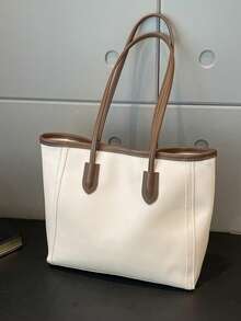 时尚纯色 PU 大容量复古简约托特包休闲单肩包百搭手提包适合女性旅行、购物、钱包、年轻女性、大学生、新婚夫妇、白领。适用于办公室、大学、工作、商务、通勤、户外活动、旅行和郊游 - 白色 - 查看 1