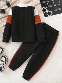 2pcs/Set Young Boy Casual Dinosaur Embroidery Solid Color Ribbed Splice Long Sleeve Half-Zip Sweatshirt And Pants Set, Suitable For Leisure, Sports, Daily Wear, Outdoor, School, Spring & Autumn