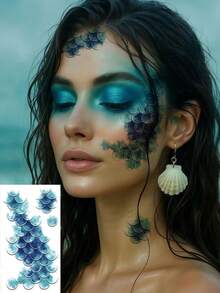 10張美人魚鱗片紋身貼紙 海洋美人魚臉部紋身 防水臨時紋身貼 女款 Cosplay 化妝 嘉年華 情人節配件 生日派對 節慶裝飾 - 彩色 - 查看 3