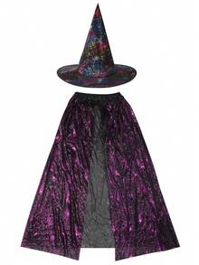 Set da 3 pezzi Mantello, cappello da strega con ragno viola e zucca per travestimento di Ognissanti