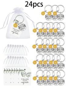 1pc/8pcs/16pcs/24pcs Inspirational Sunflower You're Awesome Key Chain Gift Set,Inspirational Sunflower Keychain Gifts,With Stainless Steel Key Chain,Green Leaf Thank You Card, White Organza Gift Bag - Multicolor - View 12