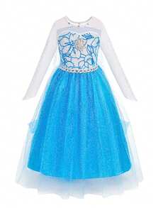 8 peças/Conjunto Vestido Floral de Manga Longa com Tela Azul para Meninas com Acessórios, Fantasia de Brincadeira de Criança, Vestido de Festa de Natal para Meninas - Azul - Visão 2