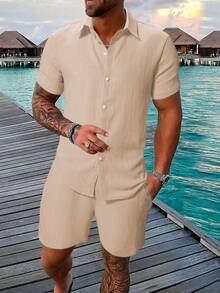 Conjunto informal de dos piezas para hombre (camisa de manga corta lisa + pantalón corto con cordón) - Caqui - Ver 2