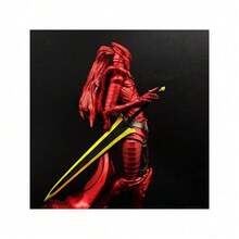 Vibrant Crimson Samurai Statue With Sword-Wielding Dynamic Elegance, Flowing Cloak, And Hand-Painted Details – Embodying Strength And Beauty As Artistic Decoration.